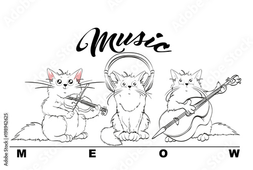 Music. Vector set of cute spring cats. Orchestra of charming kittens. Fiddler, double bass and music lover. Illustration in sketch style. Three kittens. Funny cartoon characters.