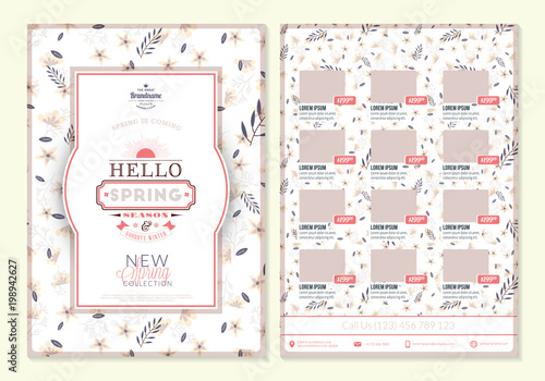 Spring sale catalog design. Business flyer template. Vintage badge with cute floral background