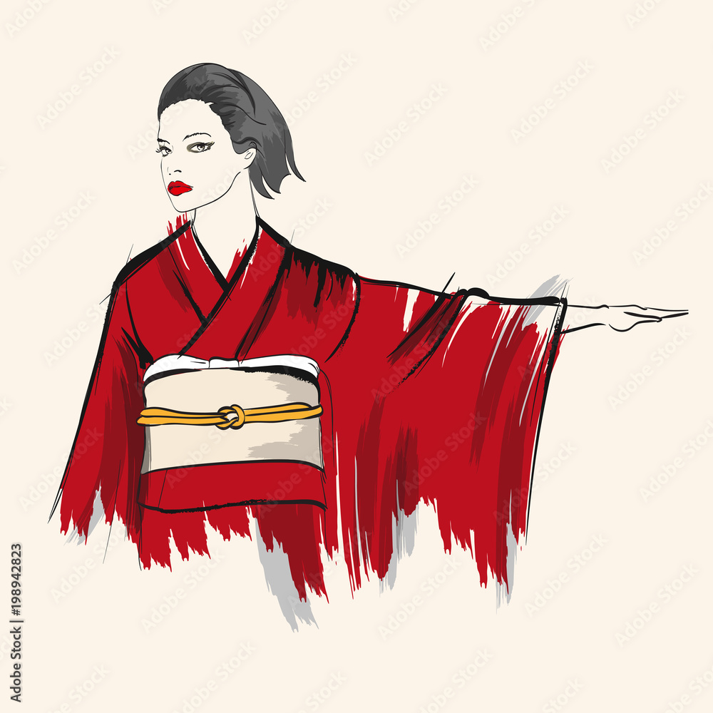 Beautiful japanese girl in kimono. Vector illustration. Fashion & Style.  Human. Japan and China. Vector illustration for a postcard or a poster.  Stock Vector | Adobe Stock