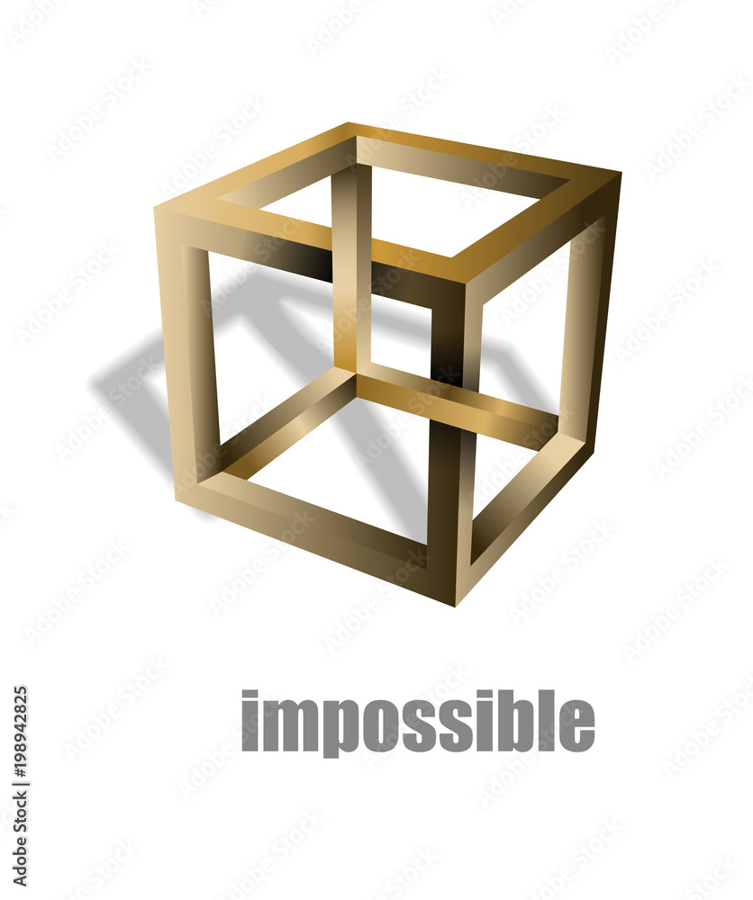 Impossible cube optical illusion. Irrational cube an impossible object. Viewed from a certain angle, this cube appears to defy the laws of geometry. Illustration.