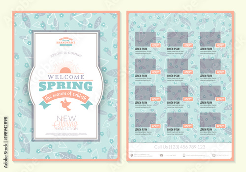 Spring sale catalog design. Business flyer template. Vintage badge with cute floral background