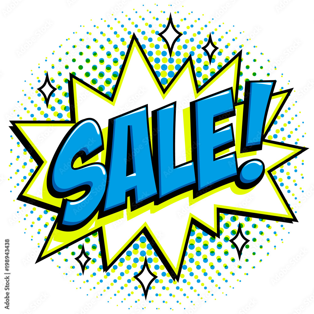 Naklejka premium Comics style sale tag. Blue sale web banner. Pop art comic sale discount promotion banner. Big sale background. Comics pop-art style bang shape on halftone background.