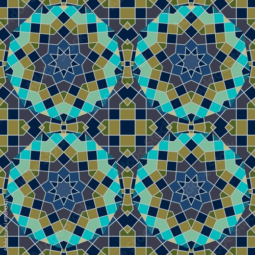Mosaic Arabic seamless pattern with elements of sacred geometry in vector. Ceramic tile in green and dark blue tones.
