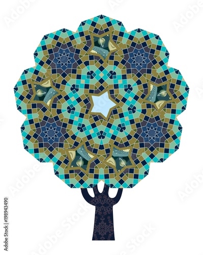 A tree with ornamental trunk and a crown in the shape of a quasicrystal  is a symbol of the Tree of Life.  Mosaic, stars, moon, planets as elements of the mandala. Sacred geometry.  Vector design. photo