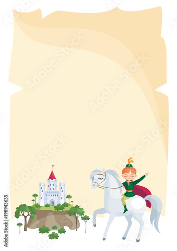 Colorful background with a picture of a parchment scroll, fairytale castle and Prince. Vector illustration.