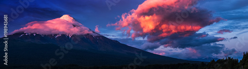 Panorama of the volcano of Osorno during sunset with big cloud, Chile