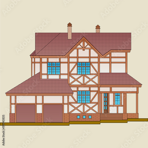 The house is built of natural wood and plastered brick.  "Post-and-beam" construction, as a style of architecture of an apartment house.
