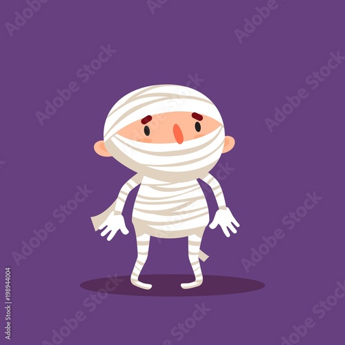 Mummy Halloween Child in mummy costume Trick or treat Isolated vector illustration