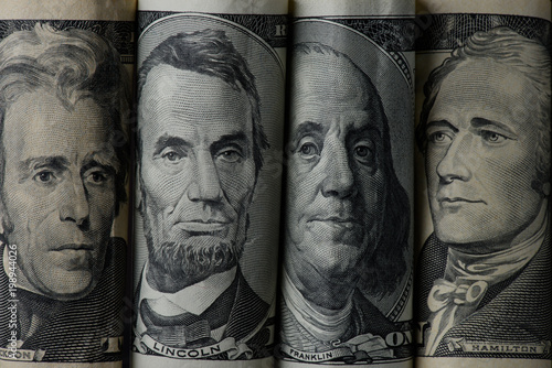 Close up view of American presidents on dollar banknotes photo