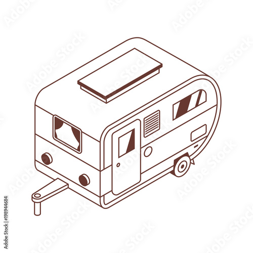 Camping trailer isometric illustration in line art. Family motorhome in 3d perspective. RV camper linear icon in isometry style.