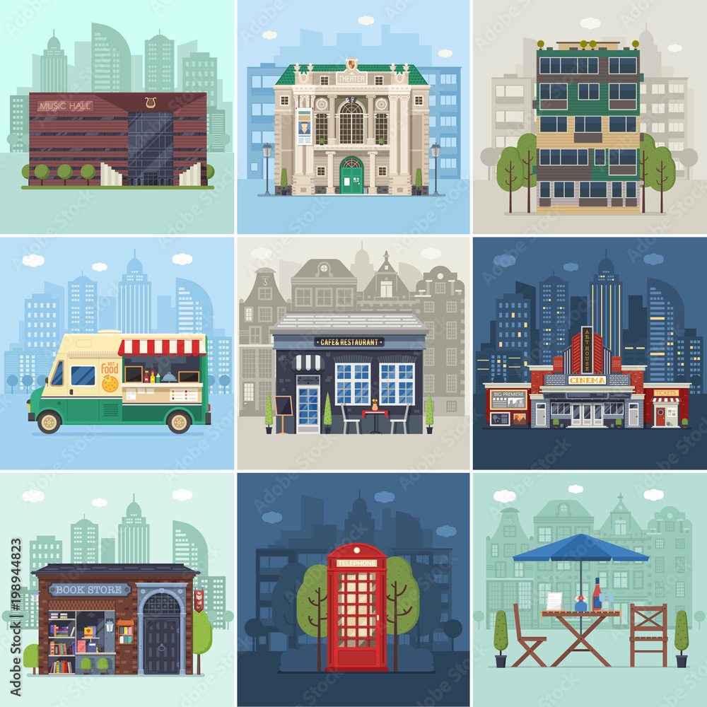 Entertainment city places. Public buildings, city infrastructure and environment concepts in flat design. Cafe restaurant, music theater, philharmonic hall and movie cinema on modern town backgrounds.