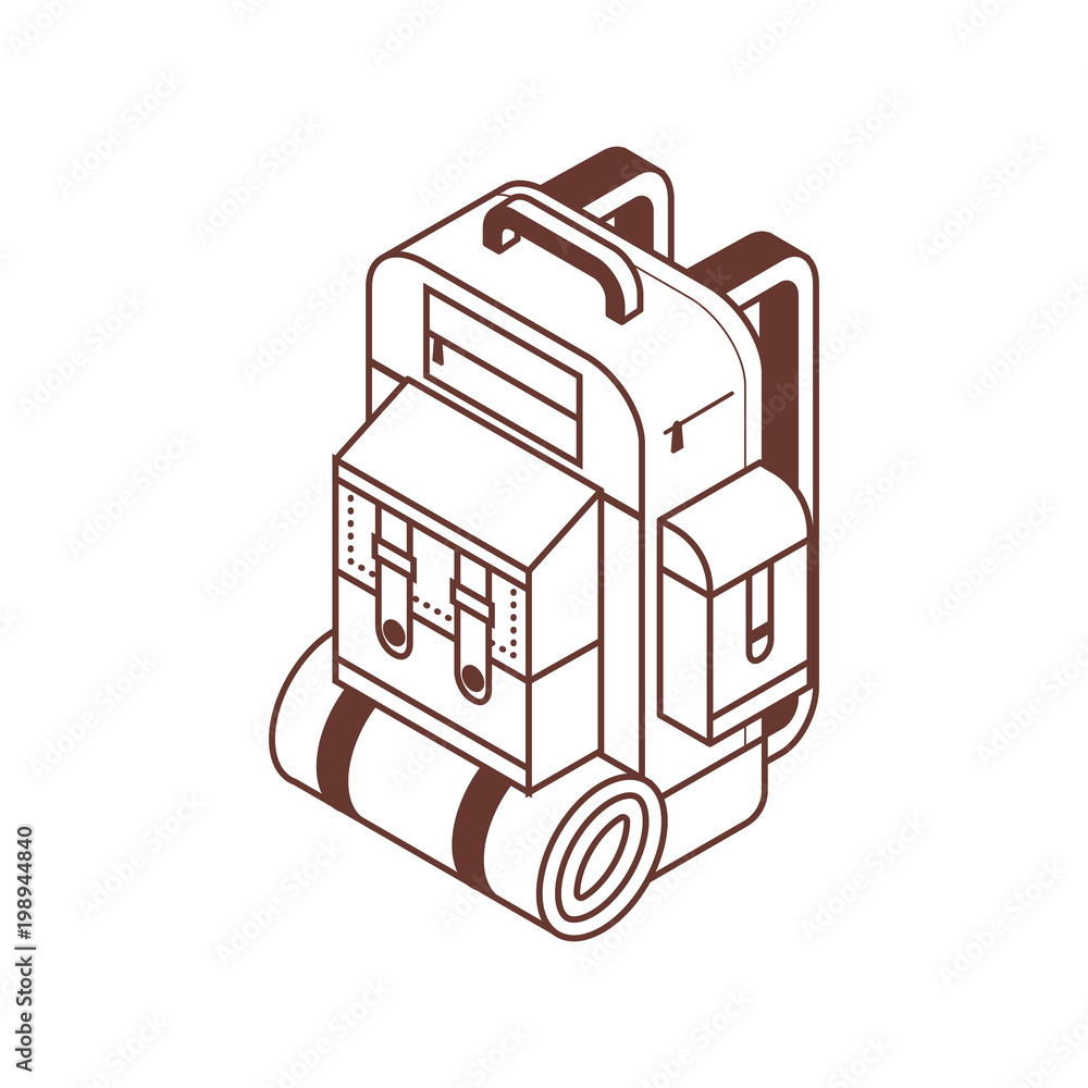 Retro hiking backpack isometric icon in line art. Tourist rucksack with  sleeping bag in isometry. Minimalist camping bag. Stock Vector | Adobe Stock