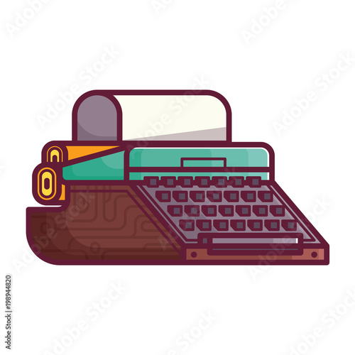 Vintage typewriter with paper blank. Retro wooden writing machine for hand typing. Mechanical old type writer icon. Hand typing retro machine in line art style. Typists device in flat design.