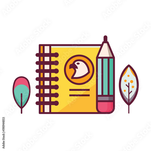 Birdwatching icons including field guide or birding note with eagle symbol, feathers and pencil. Ornithology equipment.