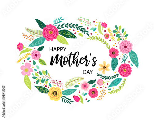 Vintage hand drawn rustic wreath with cute spring flowers and hand written text Happy Mother's Day