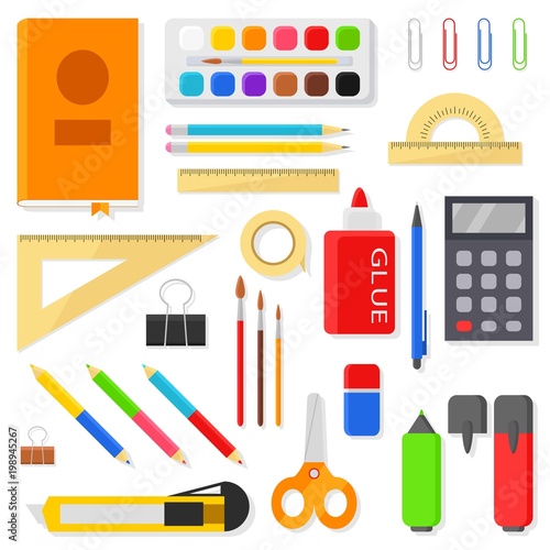 Stationery icons set - rulers, pens, pencils, markers, brushes, paints, watercolor, calculator and other items. School and office supplies isolated on white background. Vector illustration