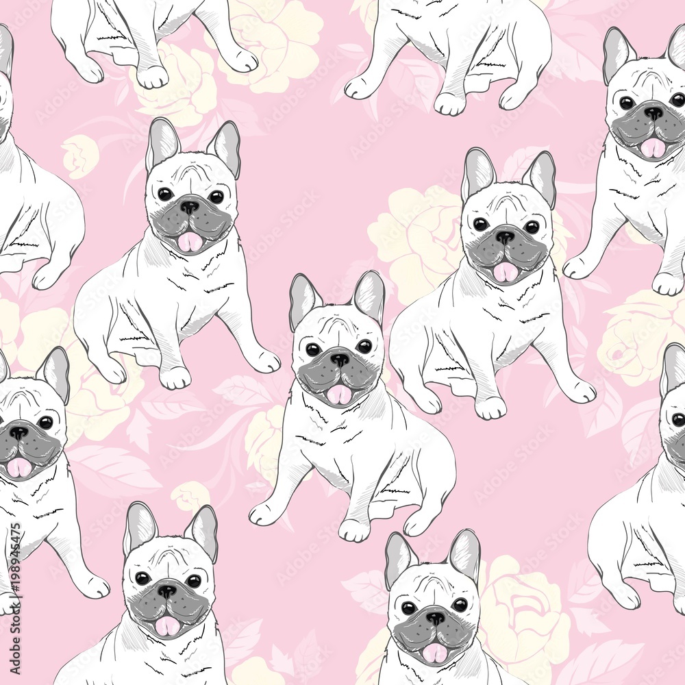Vector seamless pattern with cute cartoon dog puppies. Can be used as a background, wallpaper, fabric and for other design.French Bulldog pattern Vector seamless pattern with cute cartoon dog puppies. Can be used as a background, wallpaper, fabric and for other design.French Bulldog pattern