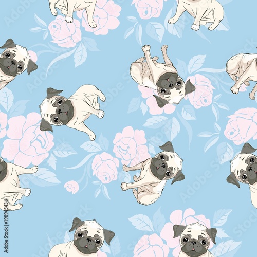 Vector seamless pattern with cute cartoon dog puppies. Can be used as a background, wallpaper, fabric and for other design.French Bulldog pattern