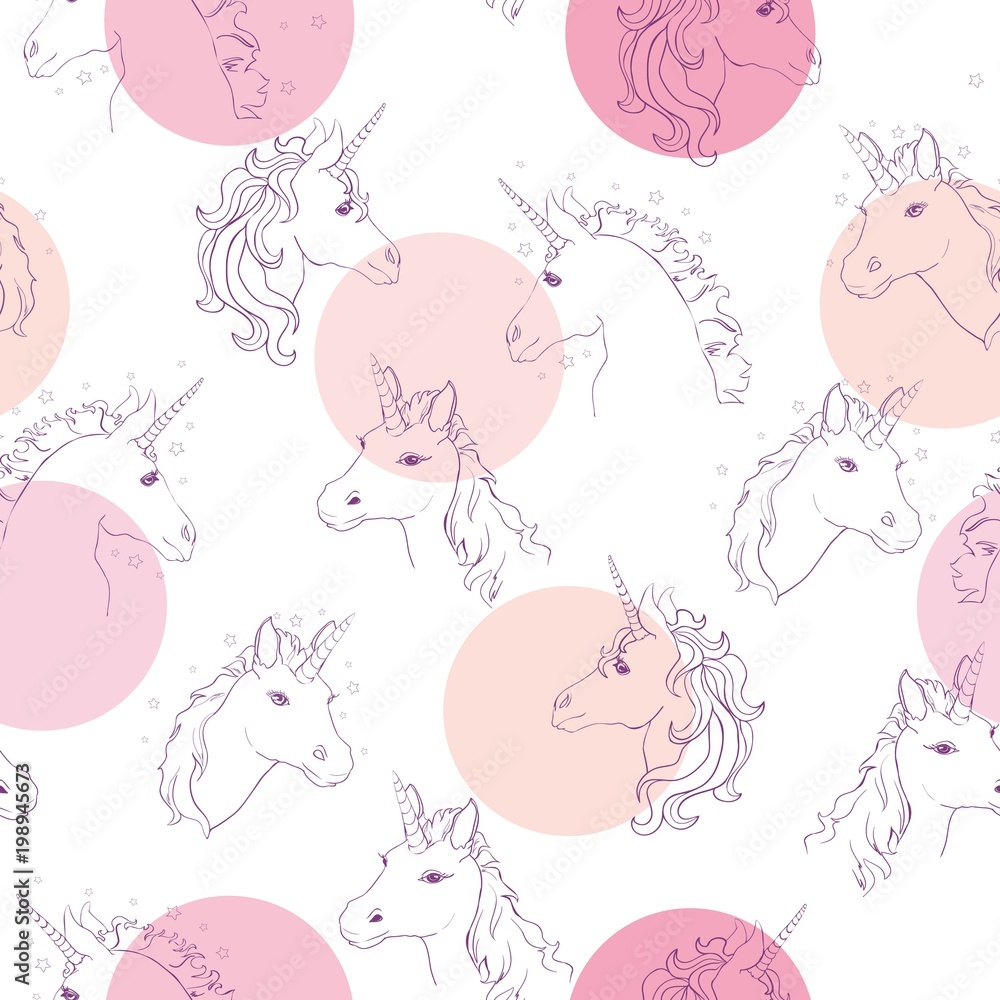 Unicorn seamless pattern. Unicorns with rainbow mane and horn on flat purple background with stars. Vector illustration. Cute magic fantasy wallpaper with white unicorn head.