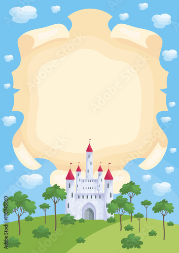 Colorful background with a picture of a parchment scroll and fairytale castle. Vector illustration.