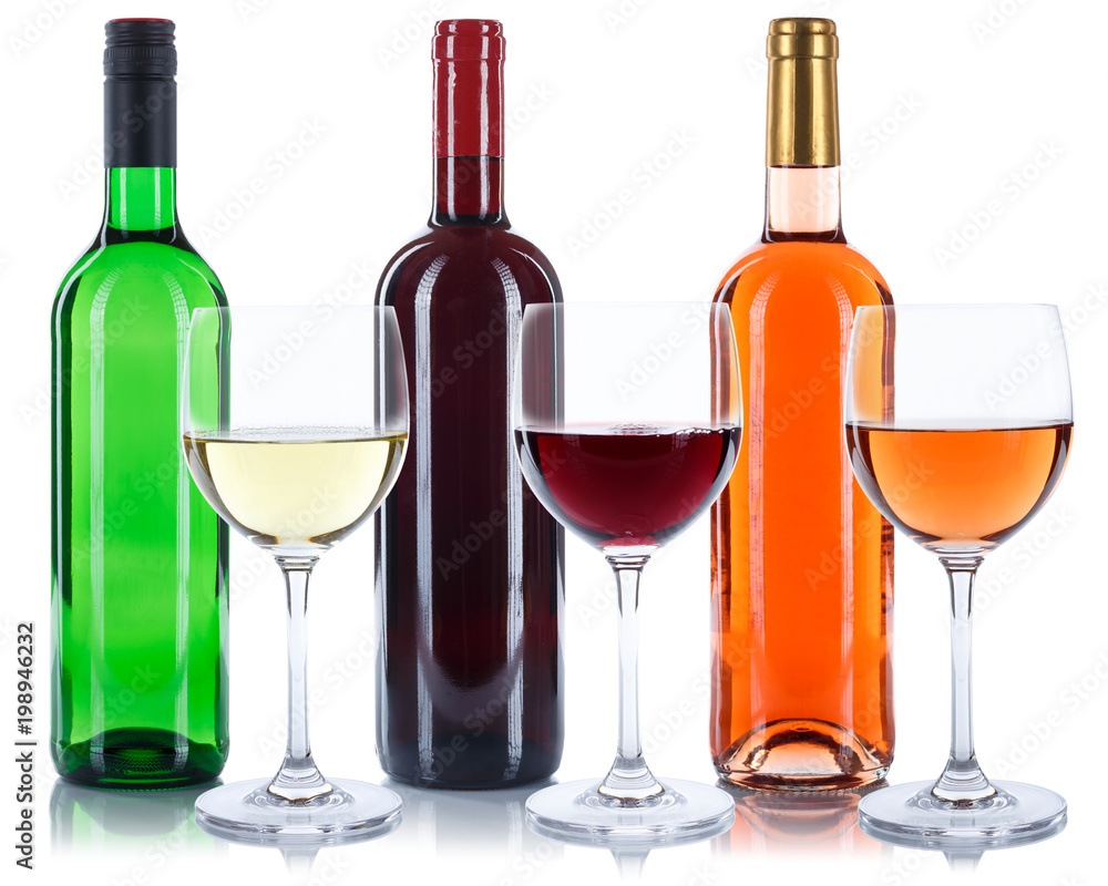 Wein Flaschen Glas Weinflaschen Weinglas Rotwein Weißwein Rose freigestellt  Freisteller Stock Photo | Adobe Stock