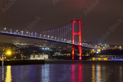 Fototapeta Naklejka Na Ścianę i Meble -  Night view of Bosphorus bridge with lights Istanbul, Turkey