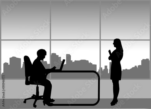 Job interview between the unemployed and businesswoman in the office, one in the series of similar images silhouette
