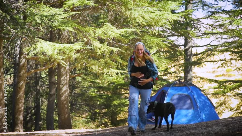 Happy pregnant woman walking in the forest, traveling with backpack and dog, enjoying vacation in the camp, slow motion, healthy active pregnancy. Full HD Video 1920x1080 Happy pregnant woman walking in the forest, traveling with backpack and dog, enjoying vacation in the camp, slow motion, healthy active pregnancy. Full HD Video 1920x1080