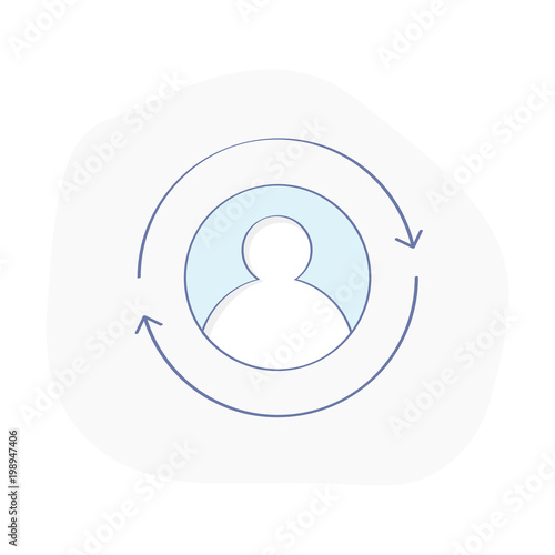Update profile, personal account icon, change avatar, reset settings, synchronize user. Flat line vector modern ui icon with round arrow button concept