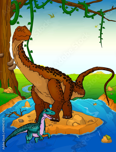 Diplodocus on the background of a waterfall.