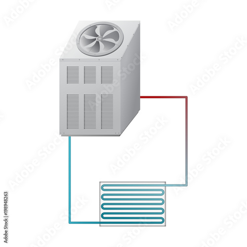 Outdoor and indoor unit chiller. Equipment for cooling and heating water. HVAC vector illustration.