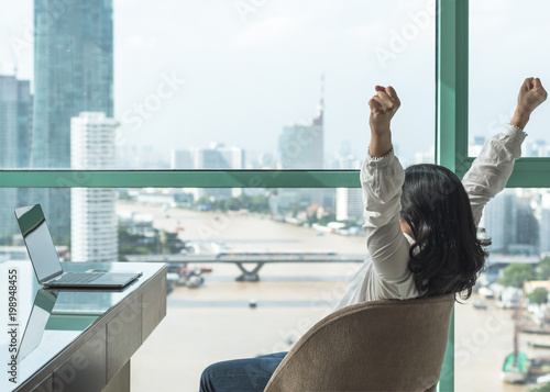 Принти на полотні Work done, life balance and success celebration concept with happy woman take it