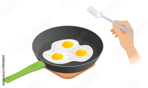 Flat isometric illustration of frying pan with scrambled eggs, hand with fork. The morning eating of omelette from dripping pan. The breakfast, ingestion, nutrition, food, albumen, vector concept.