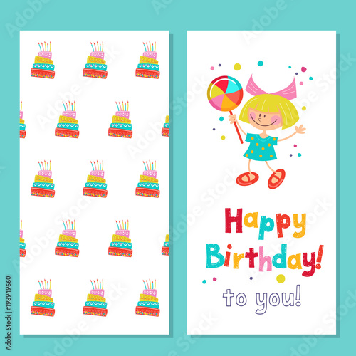 Congratulations on your birthday. Invitation to a festive party. Funny girl with candy. Background with a beautiful birthday cake. Bright colorful clipart. Vector illustration.