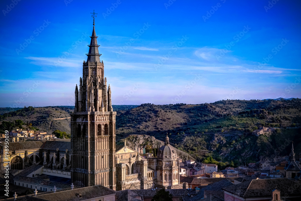 Panoramic aerial view to Toledo cathedral from the belltower of Jesuit San Ildefonso Church, Toledo, Spain