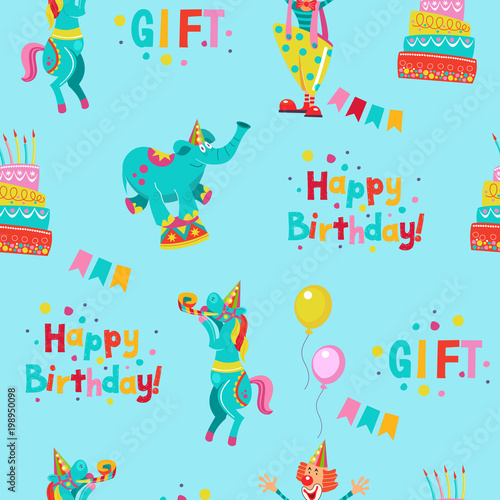 Seamless pattern. Circus animals, circus artists. Bright pattern for printing on textiles, wrapping paper, for registration of a cheerful holiday in honor of birthday or gift packaging.