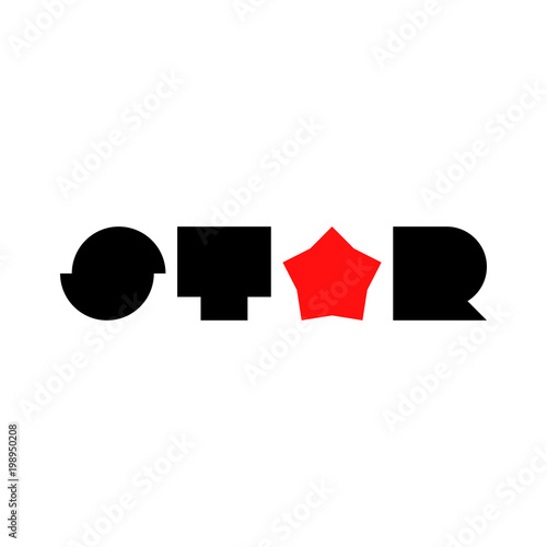 Logotipo abstracto con texto STAR con letras anchas en rojo y negro