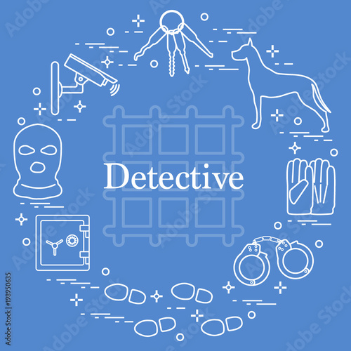 Criminal and detective elements. Crime, law and justice vector icons.