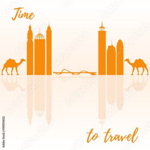 Famous skyscrapers of the world, bridge and camels