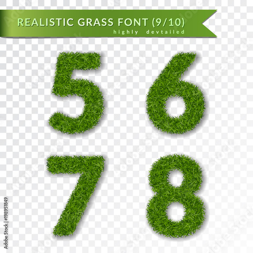 Grass numbers 5 6 7 8. Green numbers five  six  seven  eight isolated on white transparent background. Green grass 3D  fresh symbol nature  plant lawn. Grass font. Eco design. Vector illustration