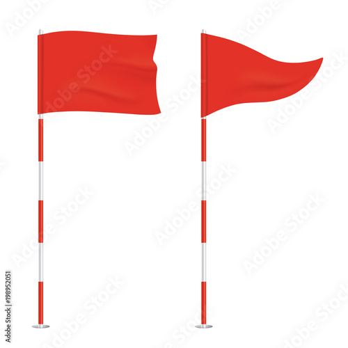 Red golf flags isolated on background. Square and triangular vector waving flags, waving on a stick.