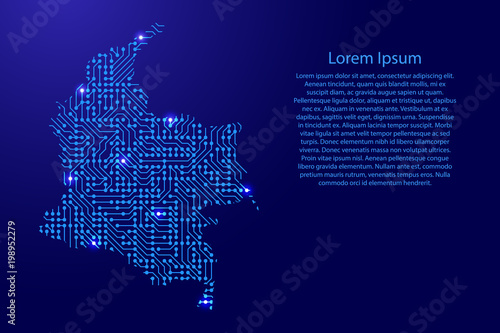 Map Colombia from printed board, chip and radio component with blue star space on the contour for banner, poster, greeting card, of vector illustration.