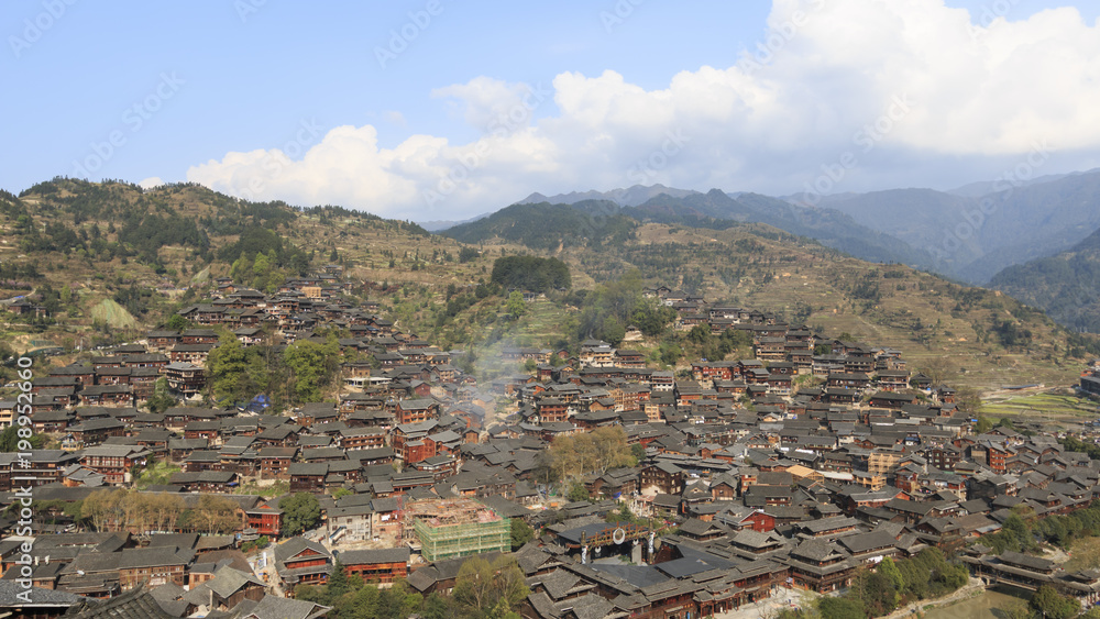 Panoramic view of Xijiang Qianhu Miao Village in Guizhou, China