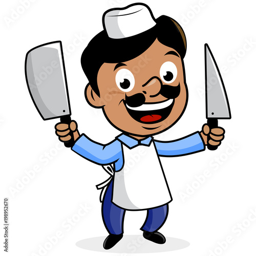 Cartoon butcher holding a knife and a cleaver. Vector illustration