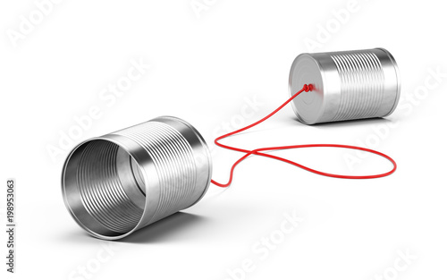 Tin cans phone isolated on white. Communication concept. 3d rendering