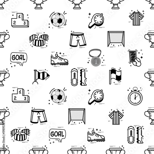 A set of soccer icons - seamless pattern, in a cartoon style doodle, completely handmade.