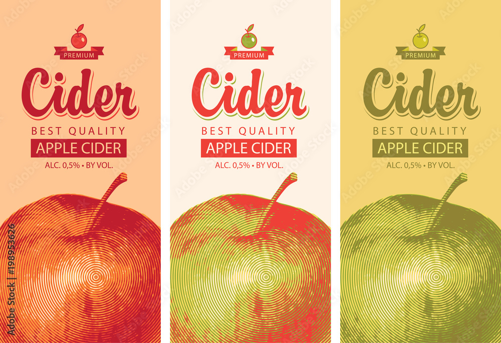 Vector set of labels for Apple cider with a realistic image of an apple