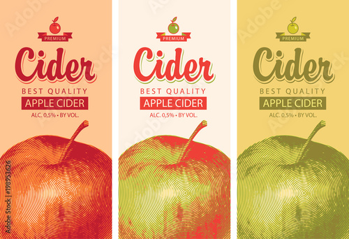 Vector set of labels for Apple cider with a realistic image of an apple and calligraphic inscription