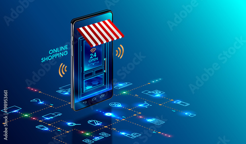 Online shopping. Smartphone turned into internet shop. Concept of mobile marketing and e-commerce. Isometric supermarket smartphone with icons of purchases. Awning above online store front door.