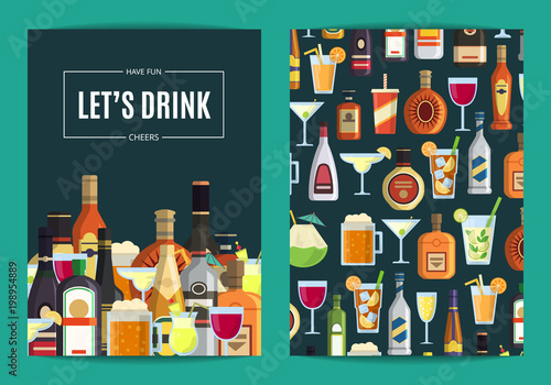 Vector card, flyer or brochure template for bar, pub or liquor store with alcoholic drinks in glasses and bottles photo
